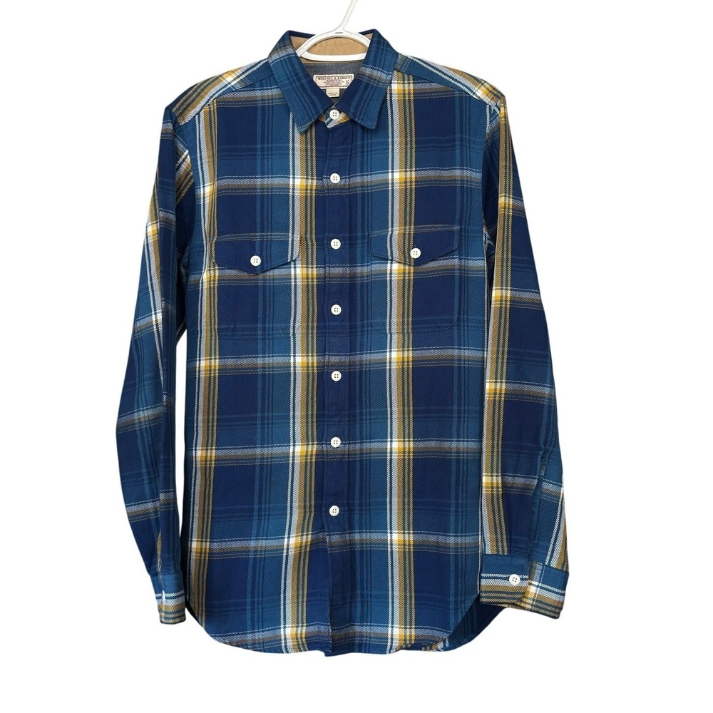 Wallace & Barnes Mens Small Cotton Plaid Button Down Flannel Shirt Preppy Blue